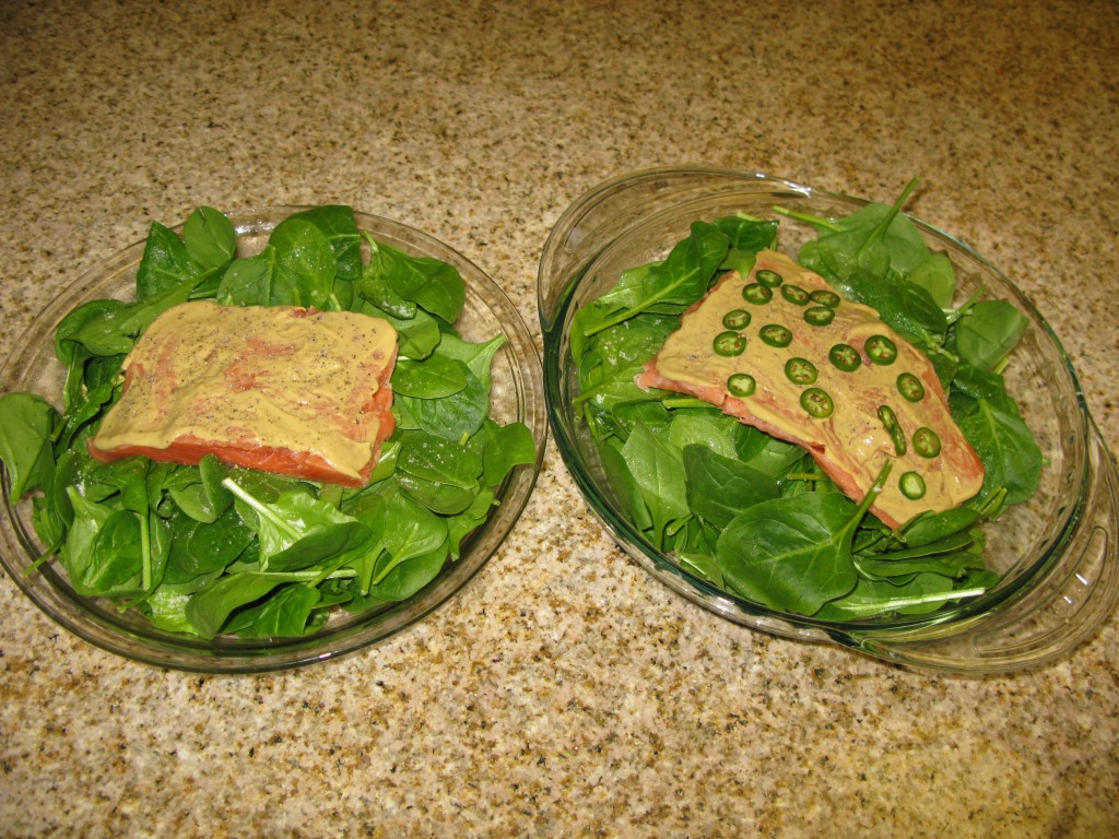 Ultra Lite Dinner - Dijon Salmon with Spinach (befor baking)