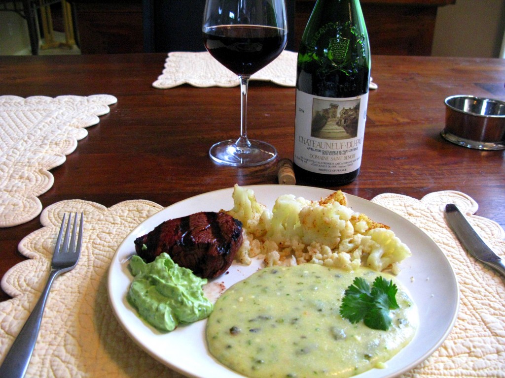 Filet mignon, spicy polenta, steamed cauliflower and perfect guacamole 