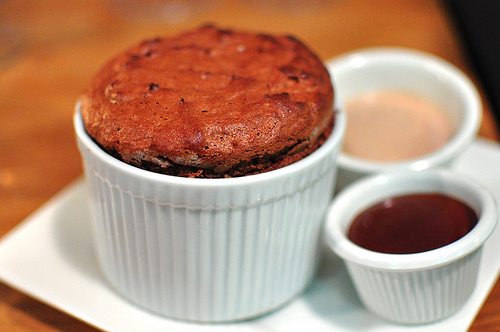 Dark chocolate souffle with black pepper milk chocolate ice cream and chocolate cream