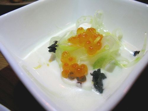 white asparagus veloute, mozzarella mousse, fennel, candied olive, salmon roe